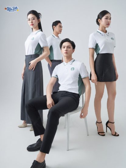Mẫu áo polo đồng phục công ty Starbucks màu trắng gạo phối-2