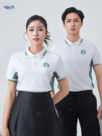 Mẫu áo polo đồng phục công ty Starbucks màu trắng gạo phối-3
