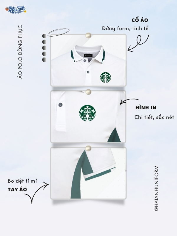 Chi tiết thiết kế áo polo màu trắng gạo phối Starbucks