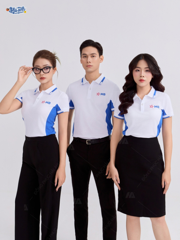 Thiết kế áo polo đồng phục MB Bank màu trắng gạo phối xanh bích lợt