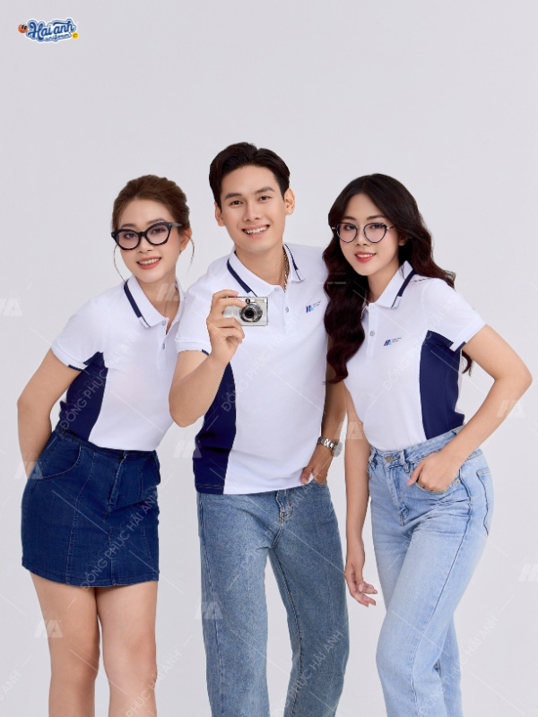 Mẫu áo đồng phục công ty màu trắng gạo phối xanh đen-3