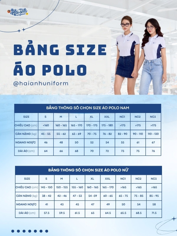 Bảng size áo polo đồng phục màu xanh đen