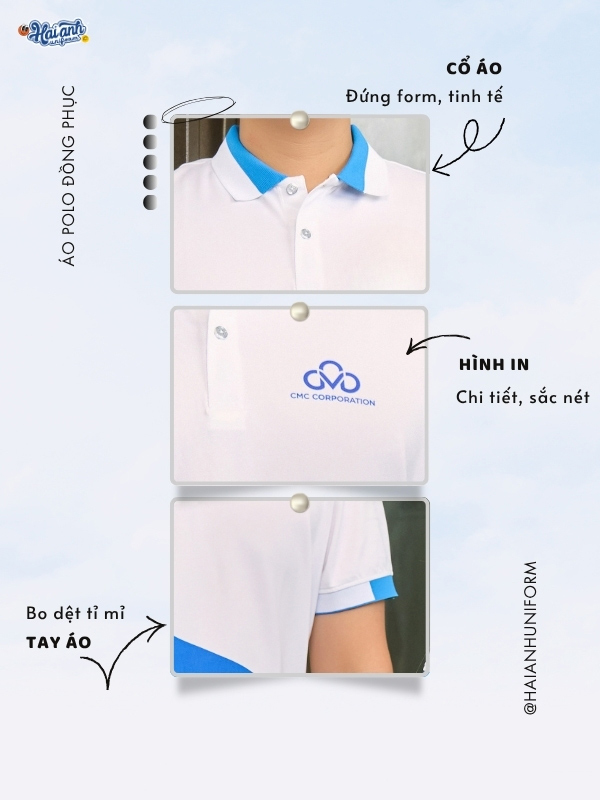Chi tiết thiết kế áo polo đồng phục màu trắng phối xanh dương CMC Corporation
