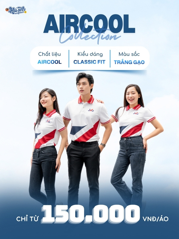 Mẫu áo polo đồng phục công ty JVG màu trắng phối thân
