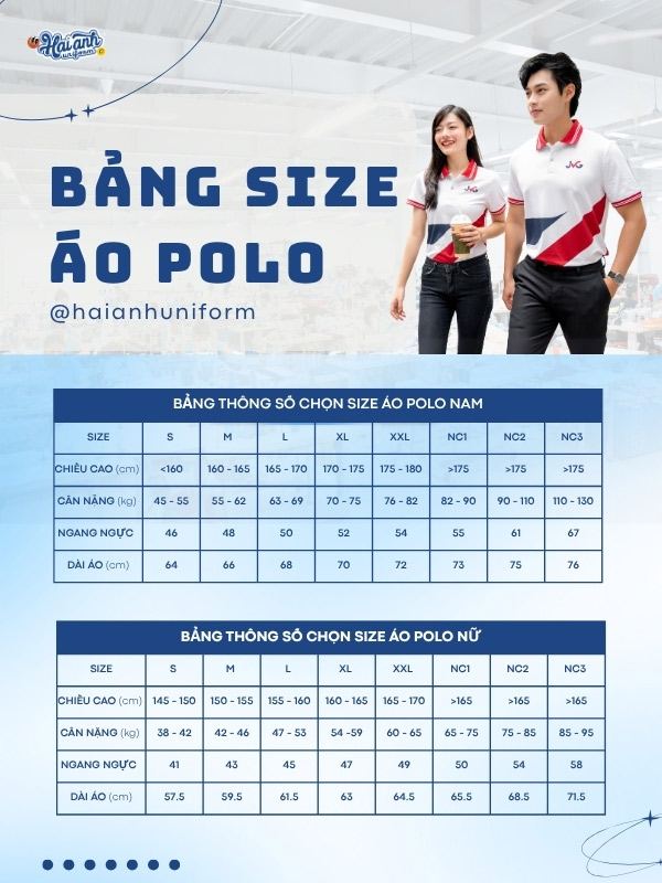 Tham khảo bảng size đồng phục công ty màu trắng phối thân JVG