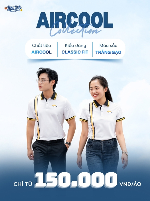 Mẫu áo polo đồng phục công ty Yuki màu trắng phối thân