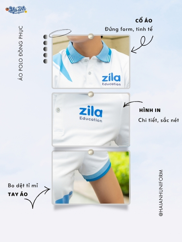 Chi tiết thiết kế mẫu áo polo đồng phục công ty màu trắng Zila Education
