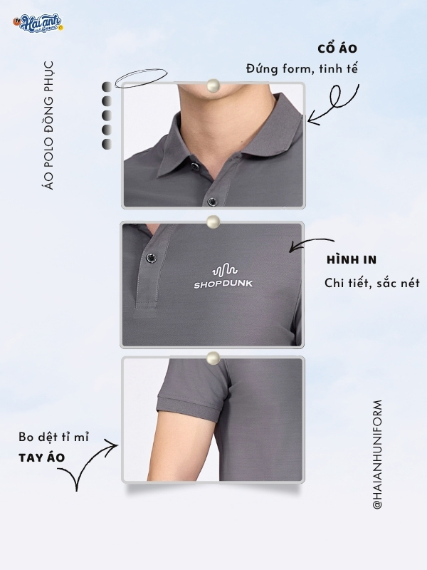 Chi tiết thiết kế áo polo đồng phục màu xám ShopDunk
