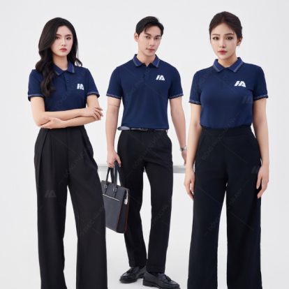 Mẫu áo polo đồng phục màu xanh đen cổ dệt Aircool