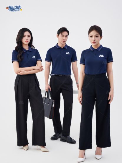 Mẫu áo polo đồng phục màu xanh đen cổ dệt Aircool