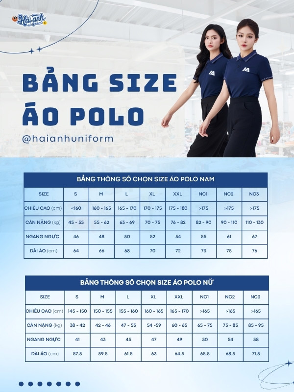 Bảng size mẫu áo polo đồng phục màu xanh đen cổ dệt Aircool
