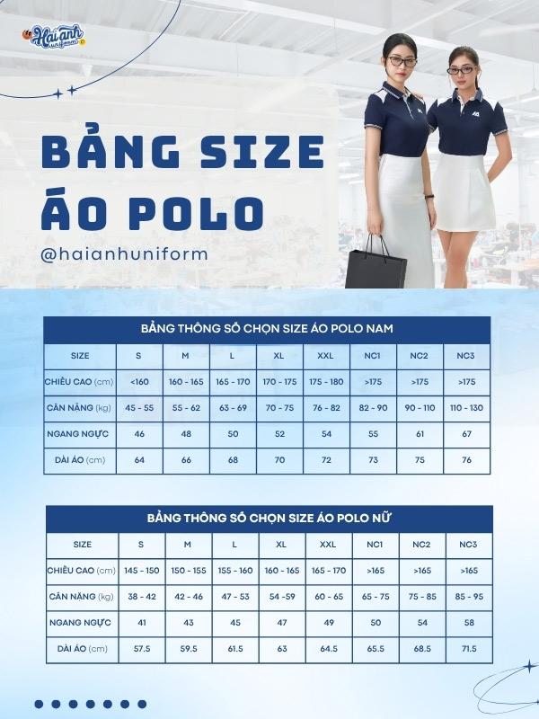 Bảng size áo polo đồng phục xanh đen phối vai tham khảo