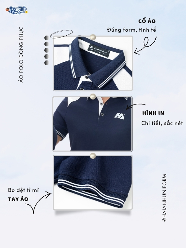 Chi tiết thiết kế đồng phục công ty màu xanh đen phối vai tại Hải Anh Uniform