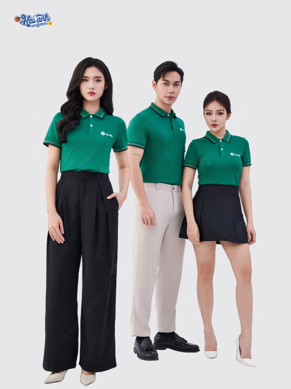 Áo polo đồng phục công ty màu xanh lá cổ dệt Spotify trẻ trung, năng động