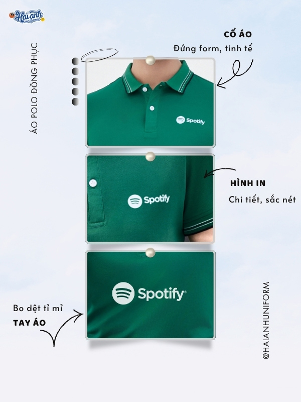 Chi tiết đường may, bo dệt cổ áo, hình in của mẫu polo màu xanh lá Spotify