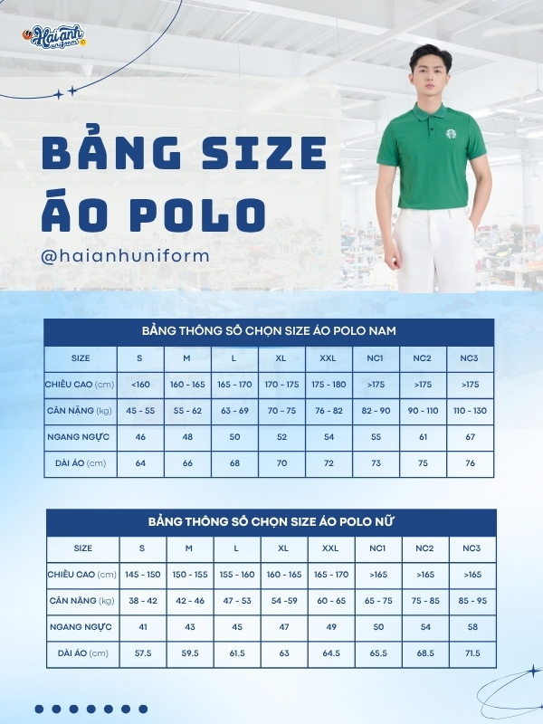 Bảng size chi tiết áo polo đồng phục công ty màu xanh lá Starbucks