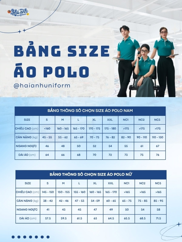 Bảng size chi tiết áo polo đồng phục màu xanh lý cho Vietnam Airlines