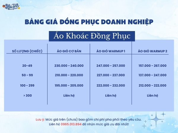 Bảng giá may áo khoác đồng phục tại Hải Anh Uniform