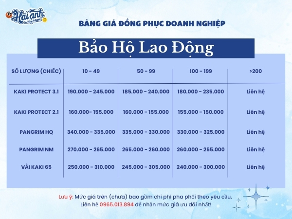 Bảng giá may bảo hộ lao động tại Hải Anh Uniform
