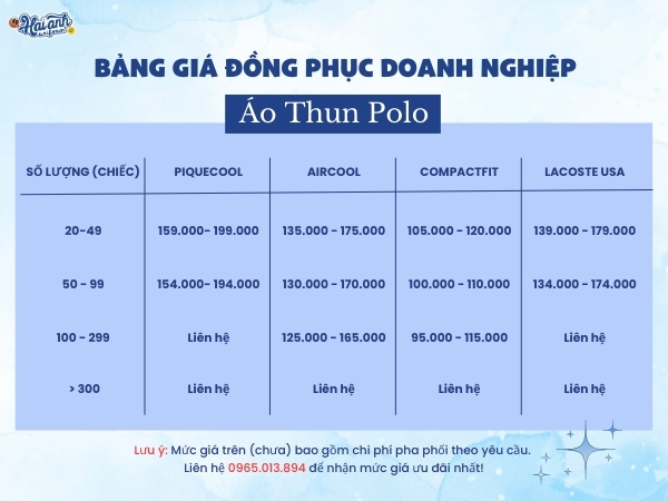 Bảng giá may áo polo đồng phục tại Hải Anh Uniform