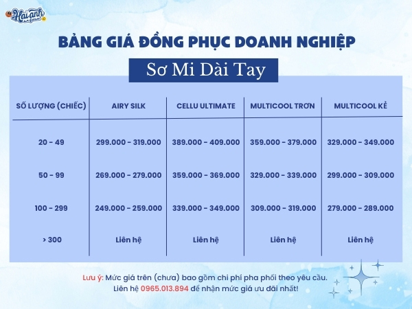 Bảng giá may áo sơ mi đồng phục dài tay tại Hải Anh Uniform