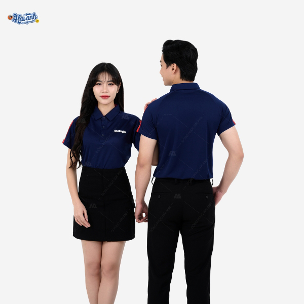 Áo polo xanh navy phối viền đỏ cá tính - thiết kế tại Hải Anh Uniform  

