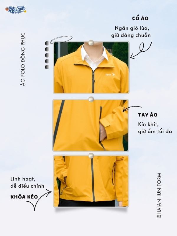 Chi tiết thiết kế mẫu áo gió đồng phục màu vàng nghệ Windbreaker