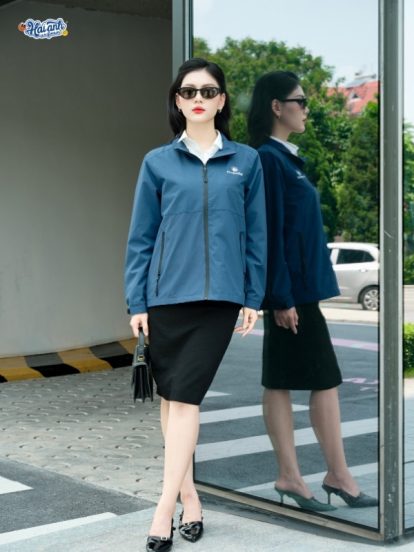 Mẫu áo khoác đồng phục công ty Windbreaker màu xanh đá