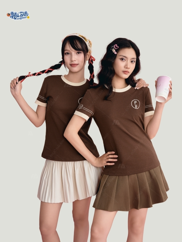 Thiết kế áo thun đồng phục đẹp màu nâu dáng cổ tròn