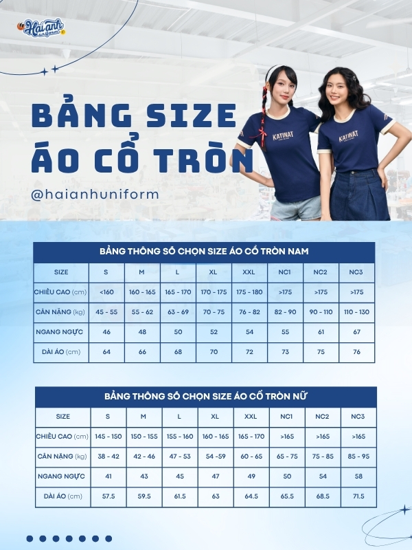 Bảng size áo thun cổ tròn đồng phục màu xanh đen Katinat