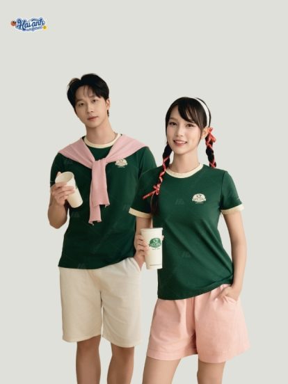 Mẫu áo đồng phục Phúc Long màu xanh iris