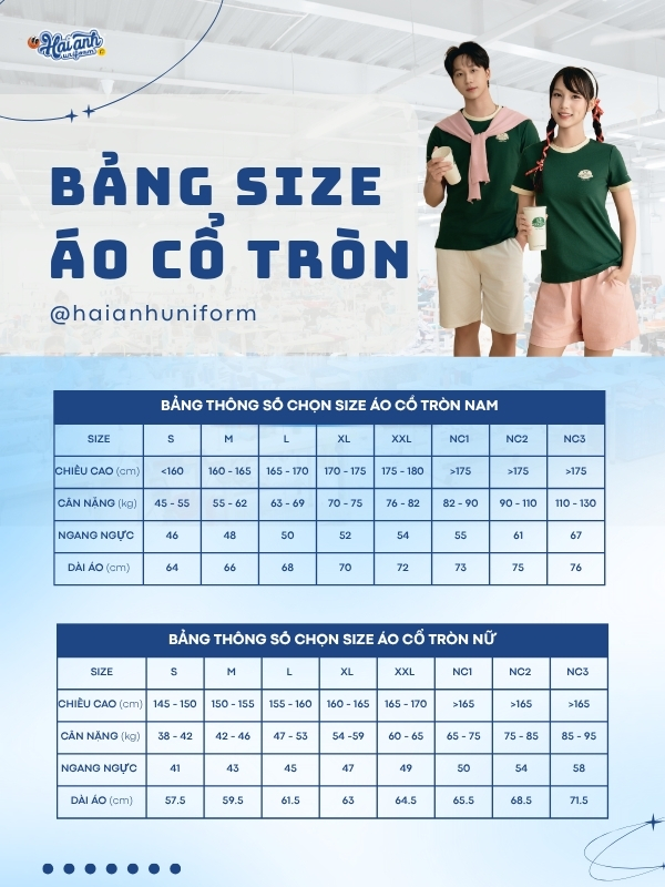 Bảng size áo thun đồng phục Phúc Long chi tiết