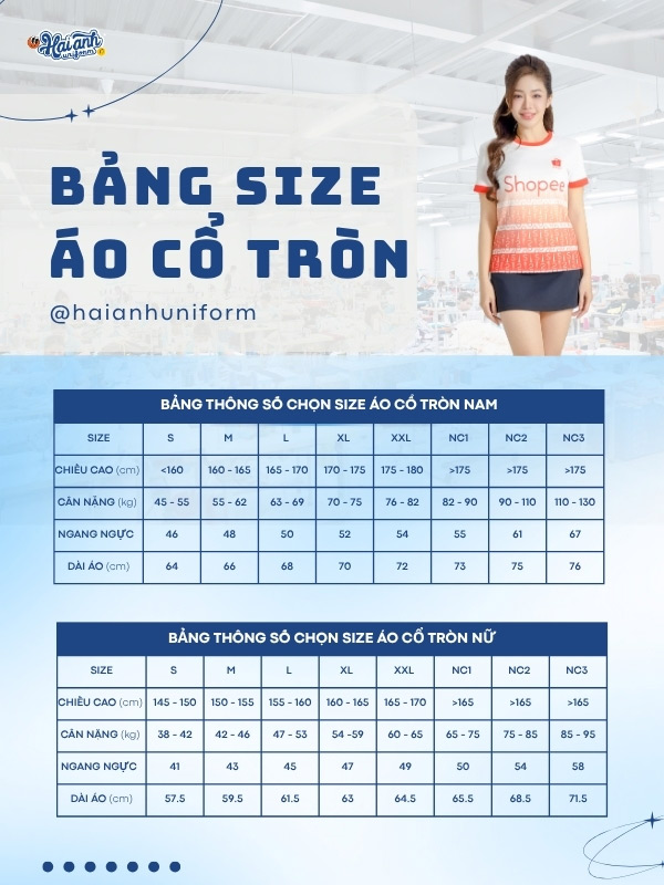 Bảng size áo thun đồng phục Shopee chi tiết