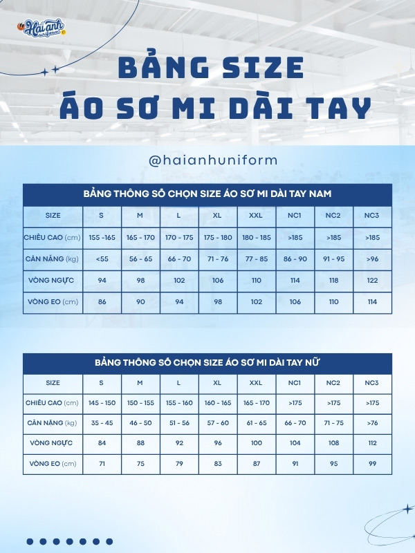 Bảng size áo sơ mi đồng phục dài tay TP Bank chi tiết