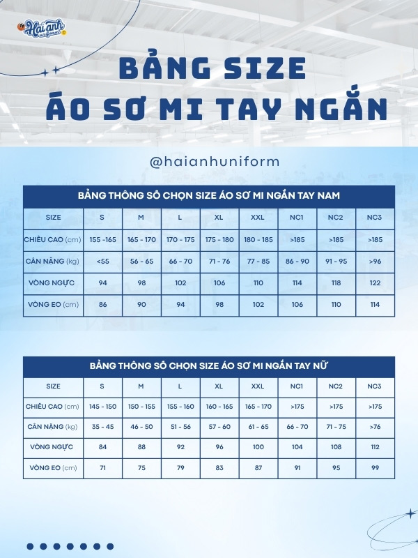 Bảng size áo sơ mi ngắn tay đồng phục Vietcombank chi tiết