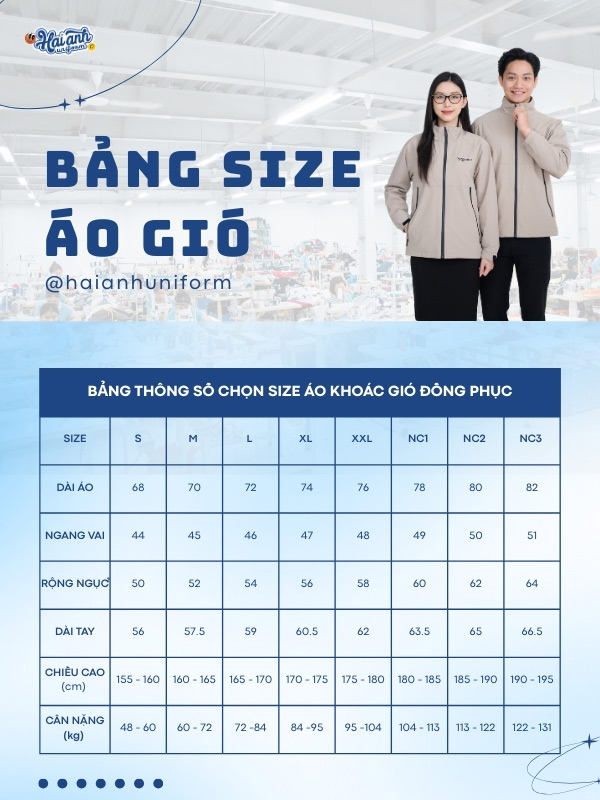 Bảng size áo khoác đồng phục công ty màu be Vccorp tại Hải Anh Uniform