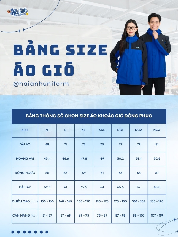 Bảng size tham khảo nam nữ cho mẫu áo khoác ACB