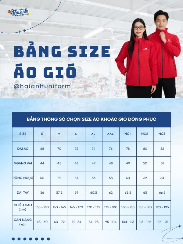 Bảng size áo khoác gió đồng phục màu đỏ Techcombank