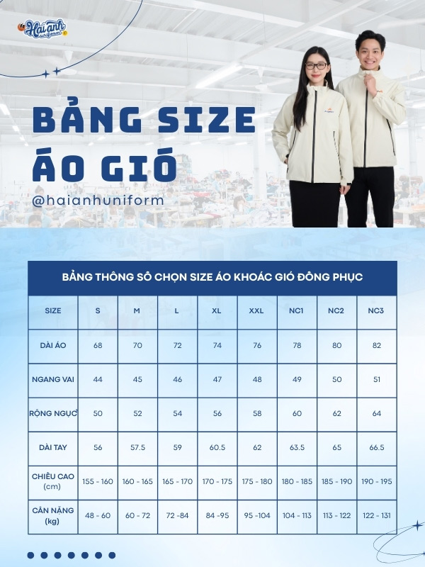 Bảng size áo gió đồng phục công ty Ahamove màu trắng gạo