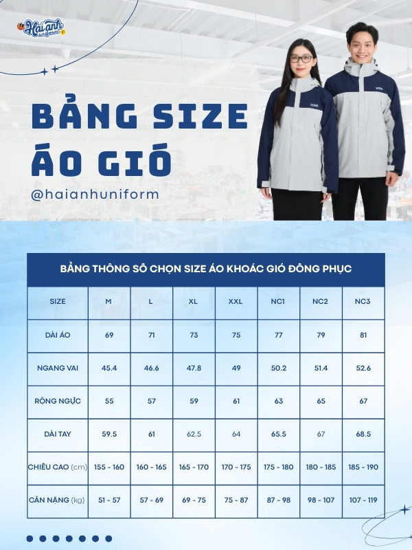 Tham khảo bảng size áo khoác đồng phục màu trắng phối xanh