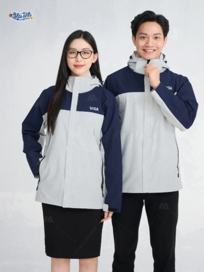 mẫu áo khoác đồng phục công ty màu trắng phối xanh