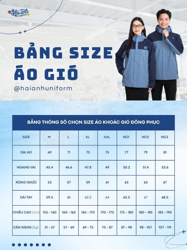 Bảng size áo gió đồng phục công ty màu xanh biển nhạt tại Hải Anh Uniform
