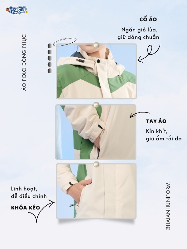 Chi tiết thiết kế mẫu áo gió Fastuni đồng phục màu be phối vỏ đậu