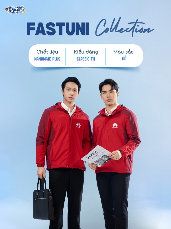 Chi tiết thiết kế mẫu áo đồng phục công ty Fastuni màu đỏ phối đỏ mận