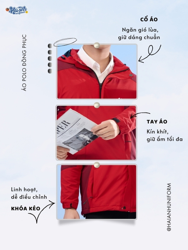 Chi tiết thiết kế mẫu đồng phục áo khoác FastUni màu đỏ phối
