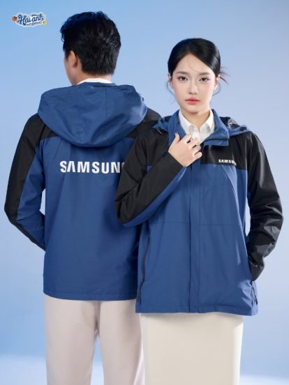 Mẫu áo khoác đồng phục công ty FastUni màu xanh đá phối xanh đen