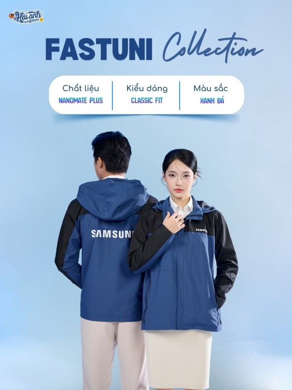 Mẫu áo khoác đồng phục công ty Fastuni xanh đá phối xanh đen