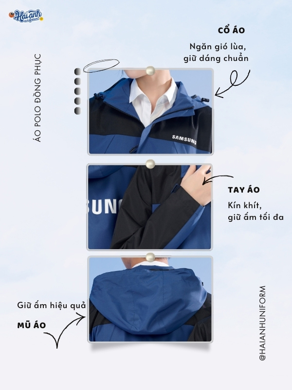 Chi tiết thiết kế áo khoác gió công ty màu xanh đá phối xanh đen Fastuni