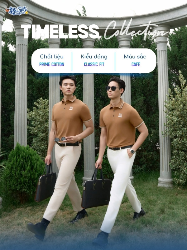 Mẫu áo polo đồng phục Timeless màu cafe sữa tại Hải Anh Uniform