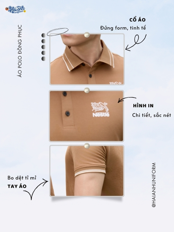 Chi tiết thiết kế áo polo đồng phục công ty Timeless màu cafe sữa